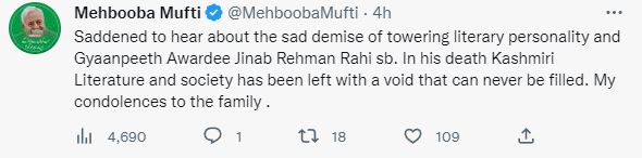 Mehbooba  Condolence Tweet