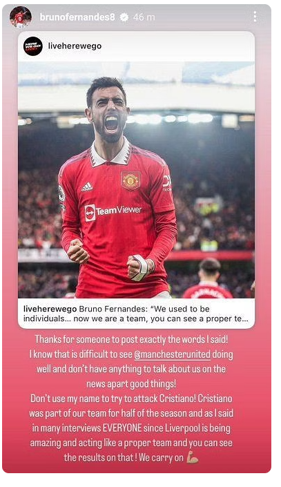 Bruno Fernandes  Bruno Fernandes on Cristiano Ronaldo  Cristiano Ronaldo  Bruno Fernandes Instagram  Manchester Derby  മാഞ്ചസ്റ്റർ ഡെർബി  ഇംഗ്ലീഷ് പ്രീമിയര്‍ ലീഗ്  English Premier League  Manchester United  Manchester United vs Manchester City  Manchester City  ബ്രൂണോ ഫെർണാണ്ടസ്  മാഞ്ചസ്റ്റർ യുണൈറ്റഡ്  മാഞ്ചസ്റ്റർ സിറ്റി  ക്രിസ്റ്റ്യാനോ റൊണാൾഡോ