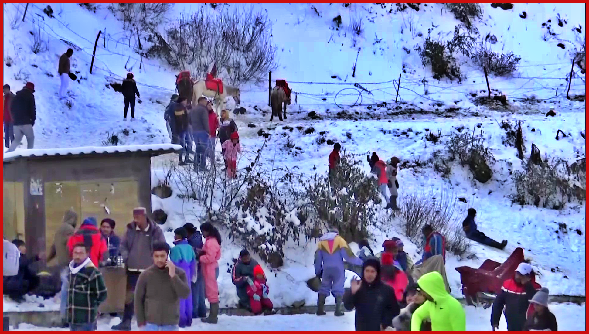 Tourists enjoying snowfall in Kufri