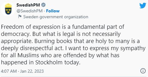 سویڈن کے وزیراعظم کا ٹویٹ