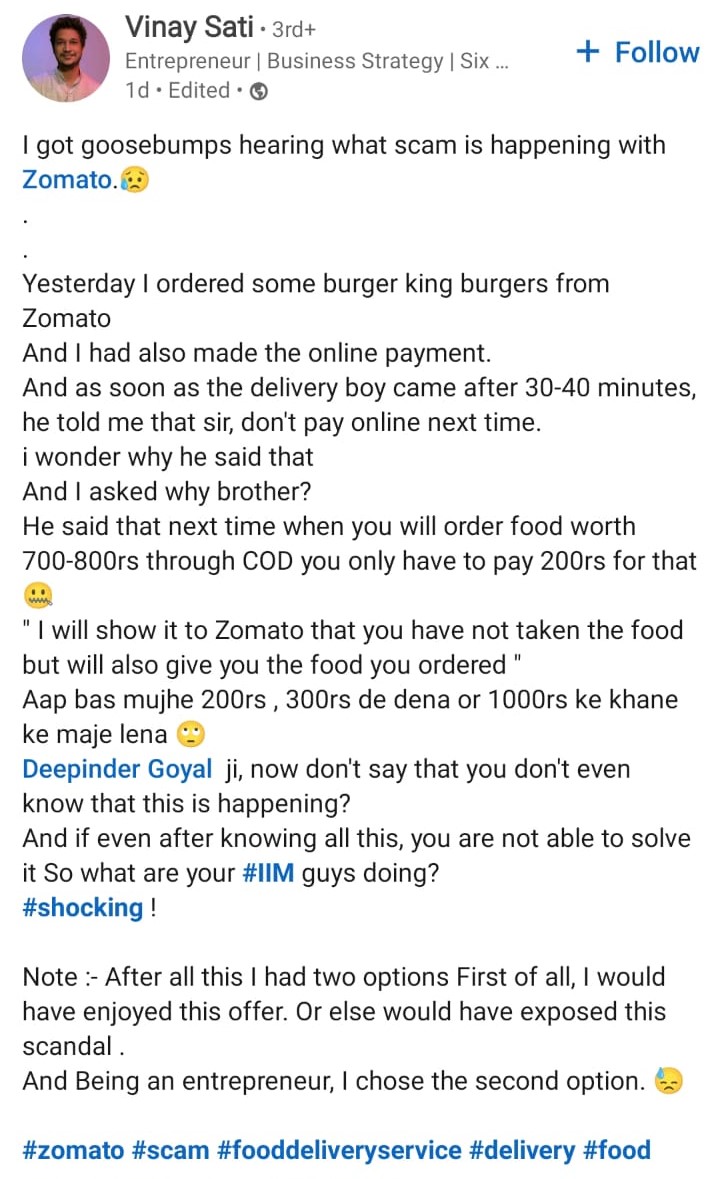 Screenshot of Vinay Sati's post on LinkedIn