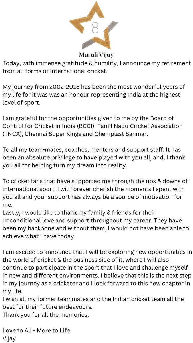 Murali Vijay announces retirement