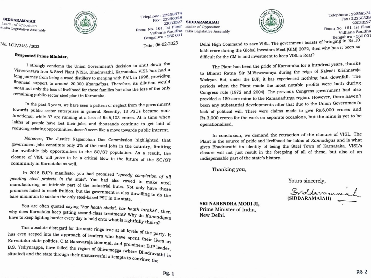 Leader of Opposition Siddaramaiah's letter to Prime Minister Narendra Modi