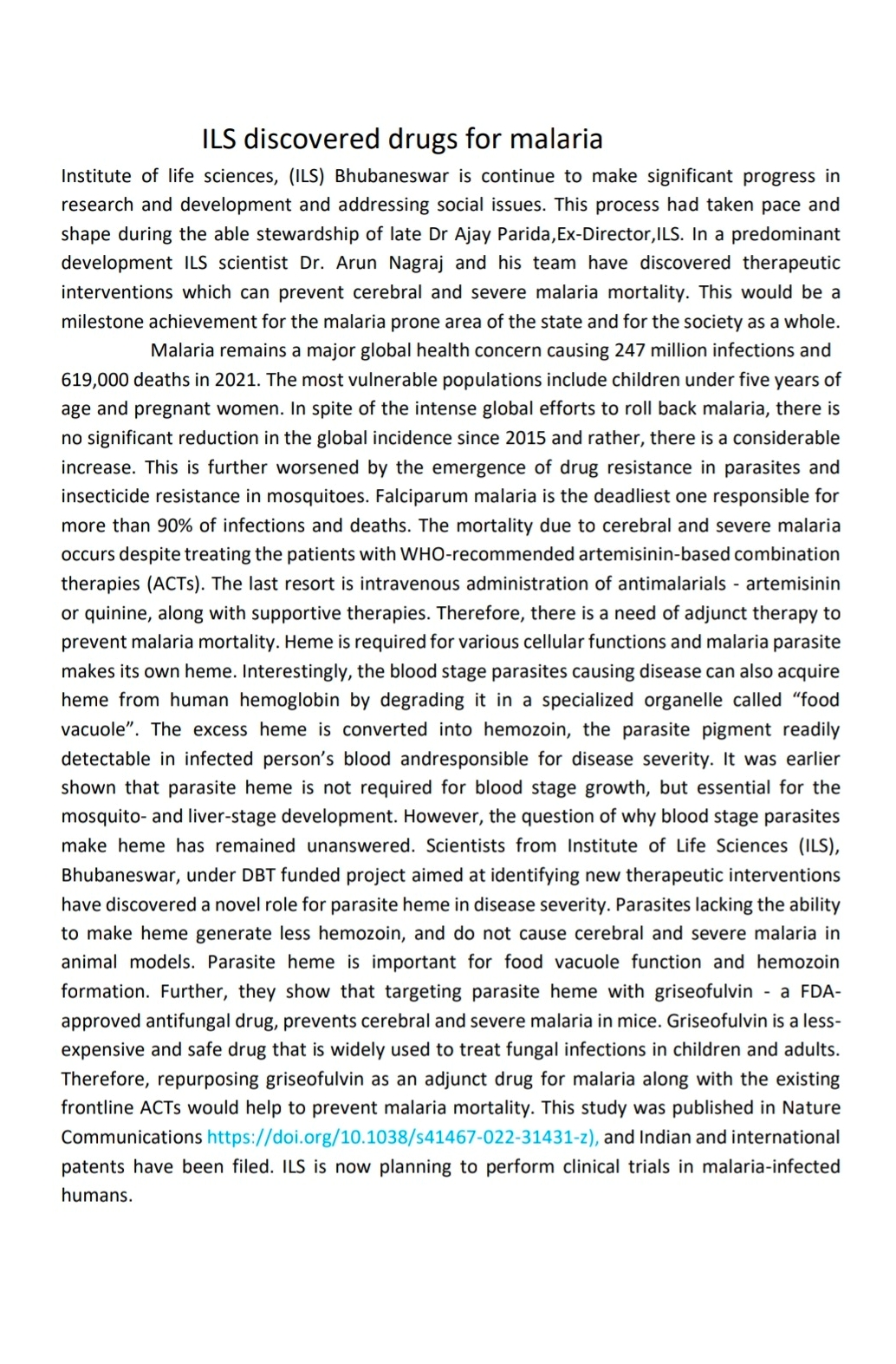 Therapeutic interventions  malaria  malaria mortality  Bhubaneswar ILS  Discovered drugs for Malaria  ഐഎൽഎസ്  മലേറിയ  ക്ലിനിക്കൽ പരീക്ഷണങ്ങൾ  ഭുവനേശ്വർ ഇൻസ്‌റ്റിറ്റ്യൂട്ട് ഓഫ് ലൈഫ് സയൻസ്  സെറിബ്രൽ മലേറിയ  സിവിയർ മലേറിയ