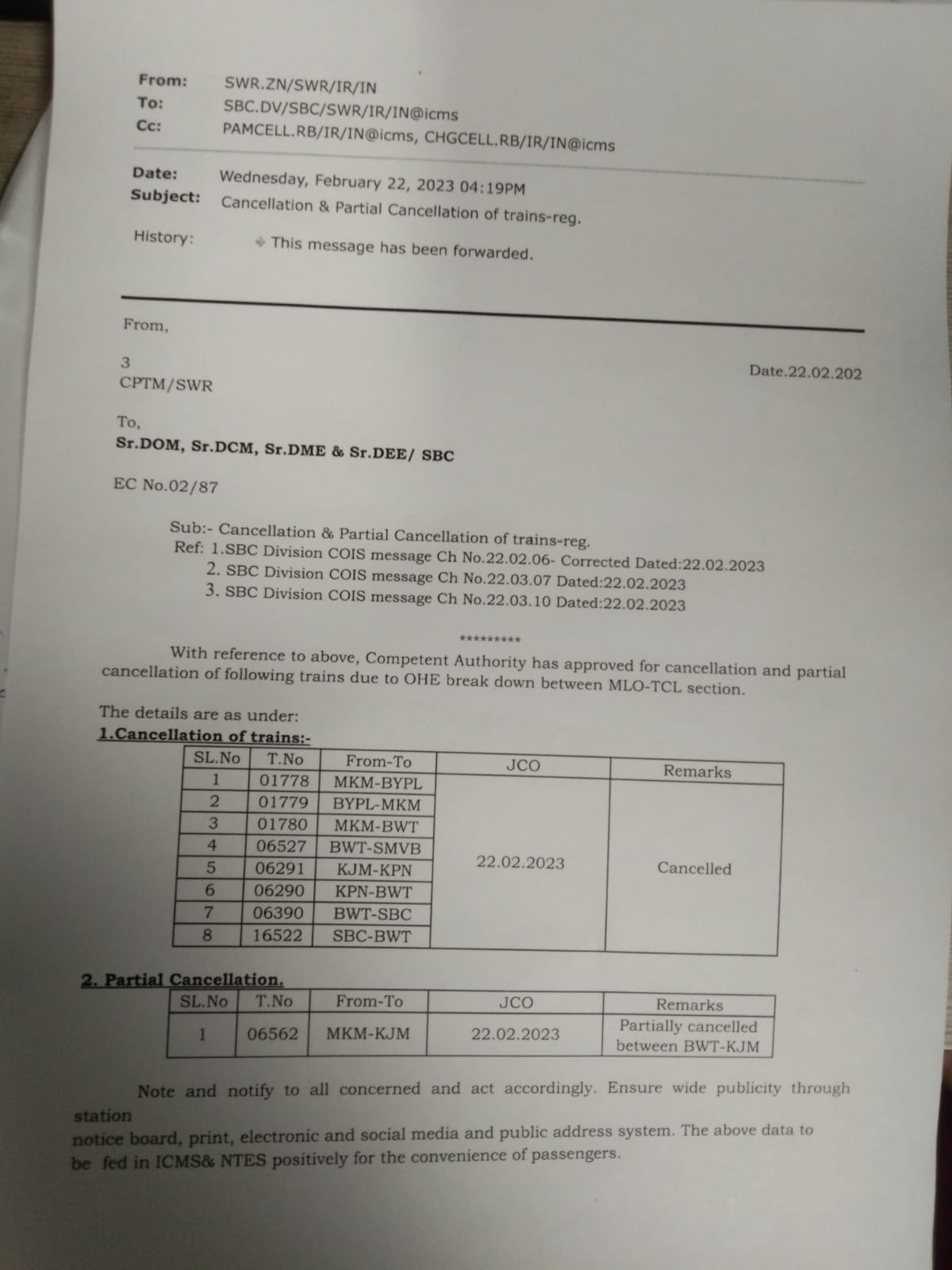 Train service suspended between Chennai and Bangalore