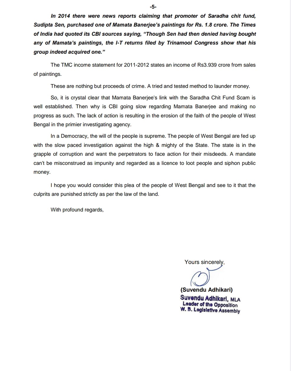 Letter to Prime Minister Narendra Modi