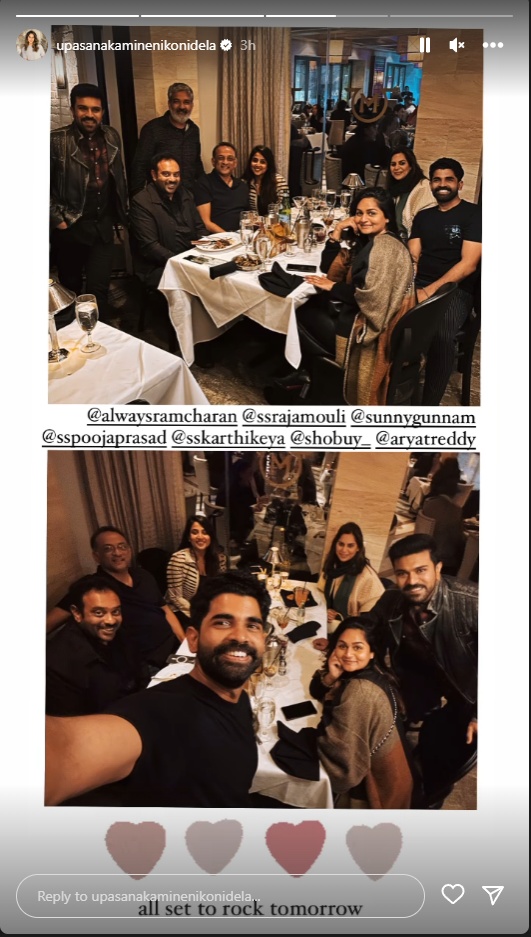 Ram Cahran  upasana  upasanakaminenikonidela  Upasana shares pictures from night before Oscars  RRR  oscars  രാം ചരണിൻ്റെ ഭാര്യ ഉപാസന  ലോസ് ഏഞ്ചൽസ്  നാളത്തെ ഒസ്‌ക്കർ  ആർആർആർ  ചിത്രങ്ങൾ പങ്കുവച്ച് രാം ചരണിൻ്റെ ഭാര്യ ഉപാസന  ram charan on oscar  upasana ram charan  raja mouli  raja mouli family