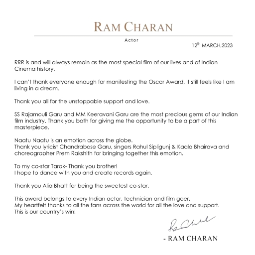 Ram Charan expressed his gratitude by sharing a note