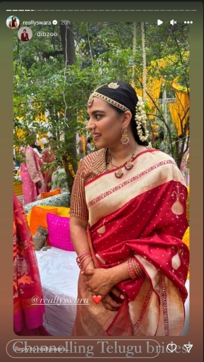 Swara Bhasker looks ethereal as Telugu bride, dons red saree with mathapatti and flowers in hair