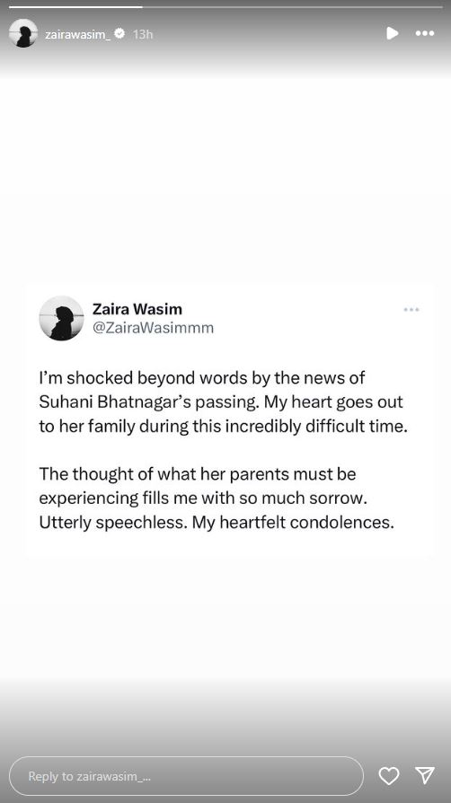 Wish This Is A Rumour Dangal co-star Zaira Wasim react on Suhani Bhatnagar's death