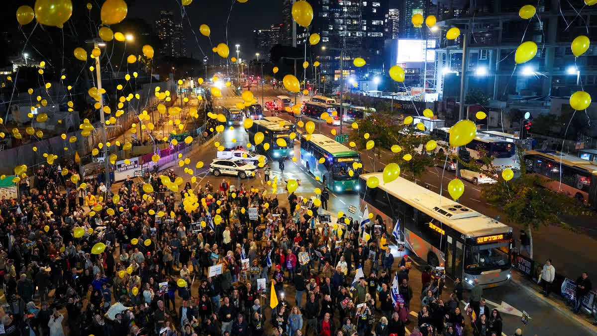 Relatives and supporters of Israelis held hostage by Hamas in Gaza release balloons to mark the 500 days of captivity and demand their release in Tel Aviv, Israel, on Monday, Feb. 17, 2025.