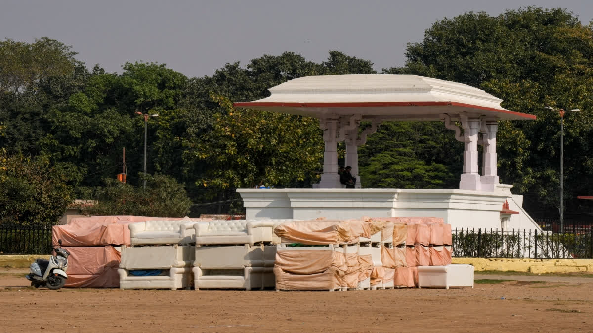 Preparations underway for Delhi Chief Minister's oath-taking ceremony at Ramlila Maidan Delhi, in New Delhi, Monday, Feb. 17, 2025. The next chief minister of Delhi along with the council of ministers is likely to take oath at the Ramlila Maidan on February 20.