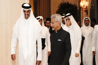 In this image released by @DrSJaishankar via X on Monday, Feb. 17, 2025, External Affairs Minister S Jaishankar during a meeting with the Amir of the State of Qatar Sheikh Tamim Bin Hamad Al-Thani, in New Delhi.