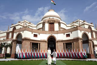 Prime Minister Narendra Modi and Amir of Qatar Sheikh Tamim Bin Hamad Al Thani during a meeting, at the Hyderabad House in New Delhi, Tuesday, Feb. 18, 2025.