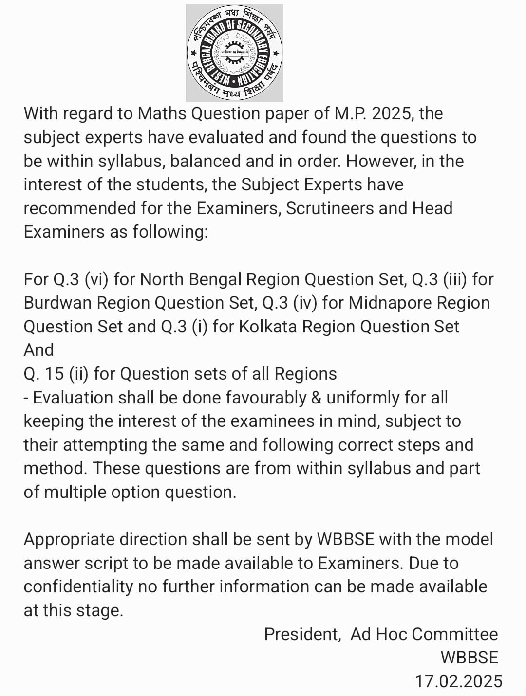 Madhyamik Math Question Paper 2025