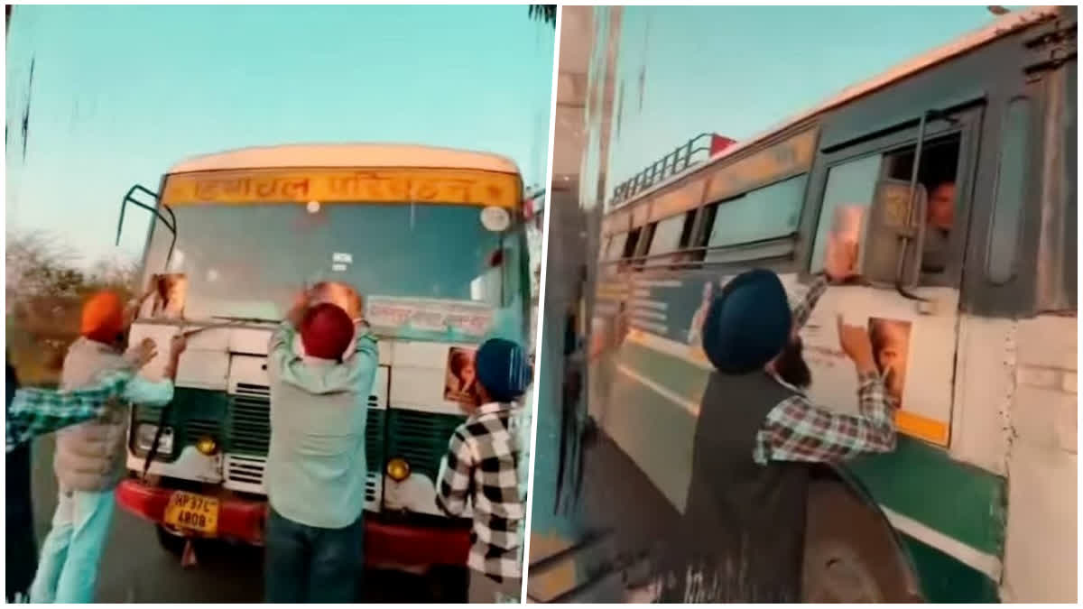 एचआरटीसी बसों पर लगाए गए पोस्टर