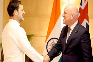 In this image released by AICC on Tuesday, March 18, 2025, Congress leader and Leader of Opposition in the Lok Sabha Rahul Gandhi during a meeting with New Zealand Prime Minister Christopher Luxon, in New Delhi.