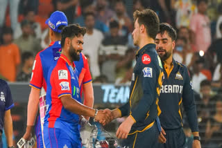 Delhi Capitals' captain Rishabh Pant and Sumit Kumar greet Gujarat Titans players after the IPL match at Narendra Modi Stadium in Ahmedabad on Wednesday, April 17, 2024.