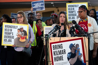 FILE - Jennifer Vasquez Sura, the wife of Kilmar Abrego Garcia of Maryland, who was mistakenly deported to El Salvador, speaks during a news conference at CASA's Multicultural Center in Hyattsville, Md., April 4, 2025.
