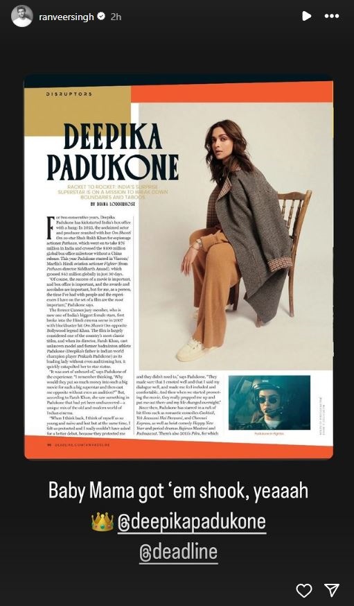 Ranveer Cheers for 'Baby Mama' Deepika as She Features on Deadline's Global Disruptors 2024 List