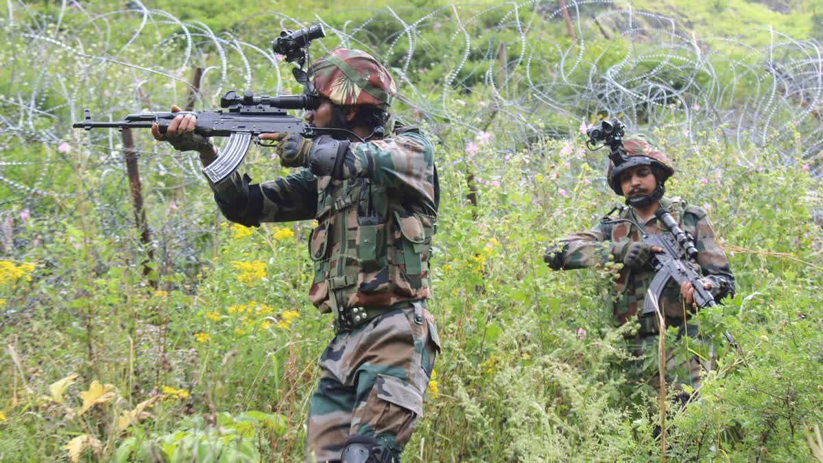 Army personnel patrol along the Line of Control (LoC), at Machil sector, in Kupwara on Wednesday