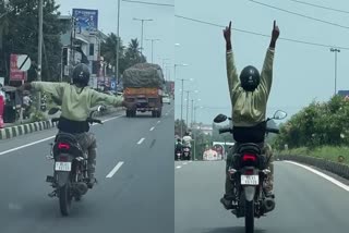 bike stunts at mannuthy edappally national highway  mannuthy edappally national highway  bike stunts  bike stunts mannuthy edappally highway  national highway bike stunts  bike stunt  angamaly  അപകടകരമായ രീതിയിൽ ബൈക്കോടിച്ച് യുവാവ്  ബൈക്കോടിച്ച് യുവാവ്  ബൈക്കിൽ അഭ്യാസപ്രകടനം  ബൈക്കിൽ യുവാവിന്‍റെ പ്രകടനം  മണ്ണുത്തി ഇടപ്പള്ളി ദേശീയപാത  വാഹനത്തിൽ ആഭ്യാസം  ബൈക്കിൽ അഭ്യാസം  റോഡിൽ അഭ്യാസപ്രകടനം  അഭ്യാസപ്രകടനം