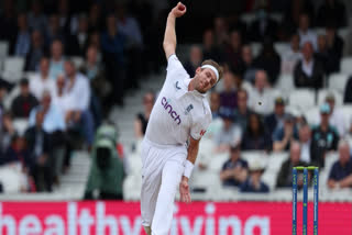 England's Stuart Broad bowls on day five of the fifth Ashes cricket Test match between England and Australia at The Oval cricket ground in London on July 31, 2023.