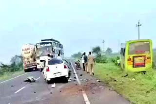 Car shattered in collision with bus