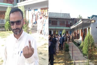 JeI backed indepdent candidate for Pulwama assembly seat Dr Talat Majid shows his inked finger after casting vote (L) and voters queue up to cast vote in the first phase of J-K assembly polls