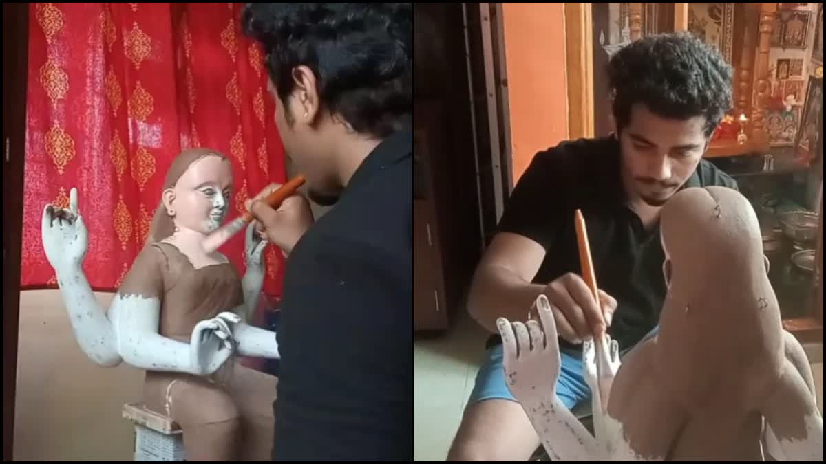 A young man celebrates Dasara Making Sharada idol himself