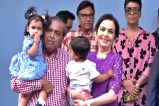 Mukesh Ambani and Nita Ambani with their grandchildren Aadiya And Krishna