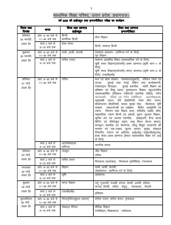 यूपी बोर्ड 10वीं-12वीं परीक्षा का टाइम टेबल जारी