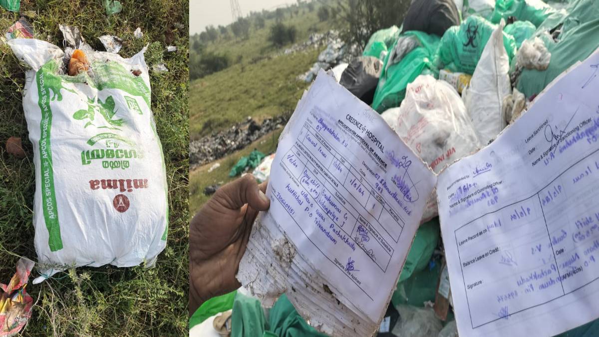 A sack of medical waste on the dumpyard and receipts showing their origin