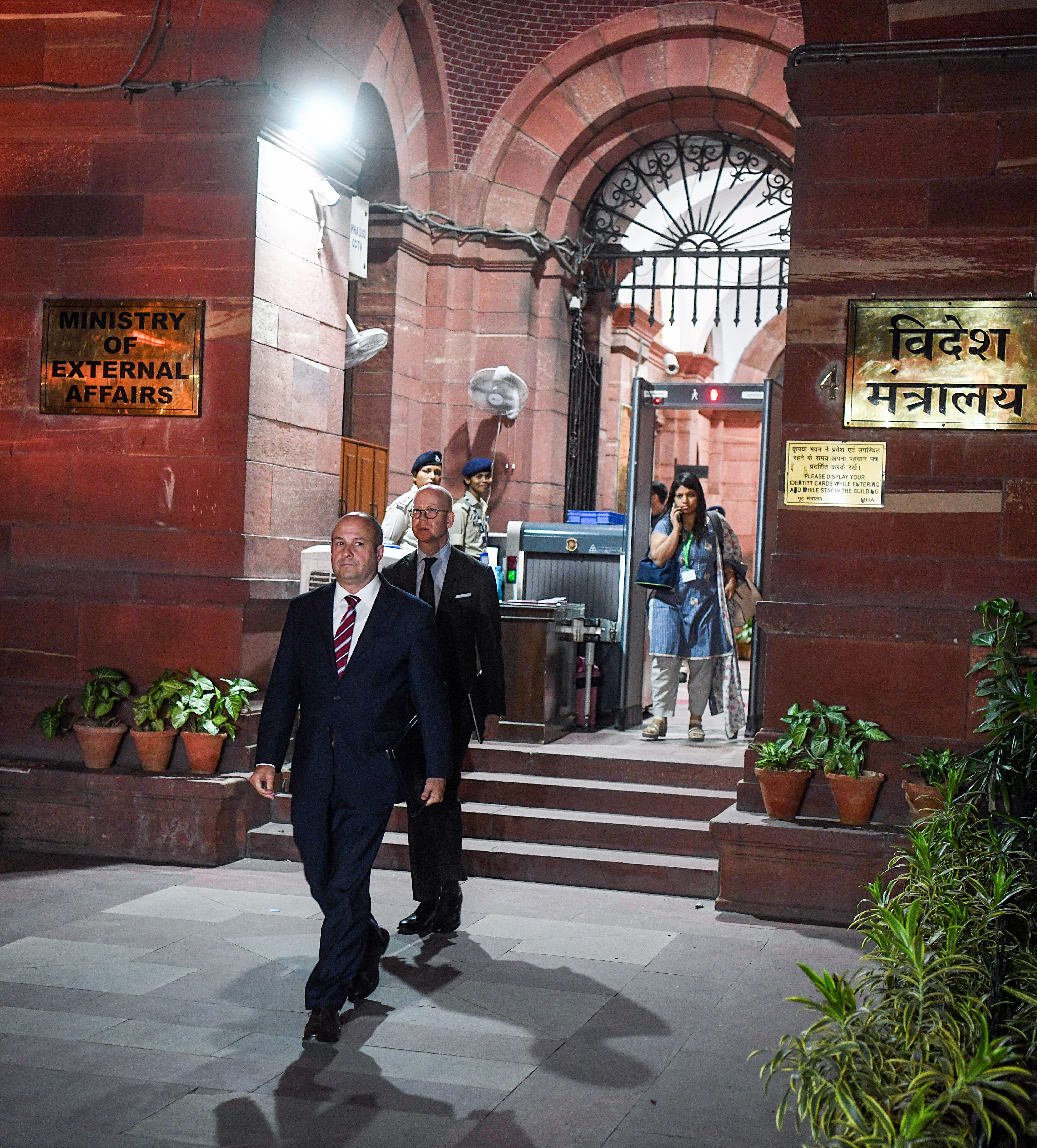 Canadian Chargé d'Affaires Stewart Wheeler leaves from the Ministry of External Affairs (MEA) after being summoned by the Ministry, in New Delhi