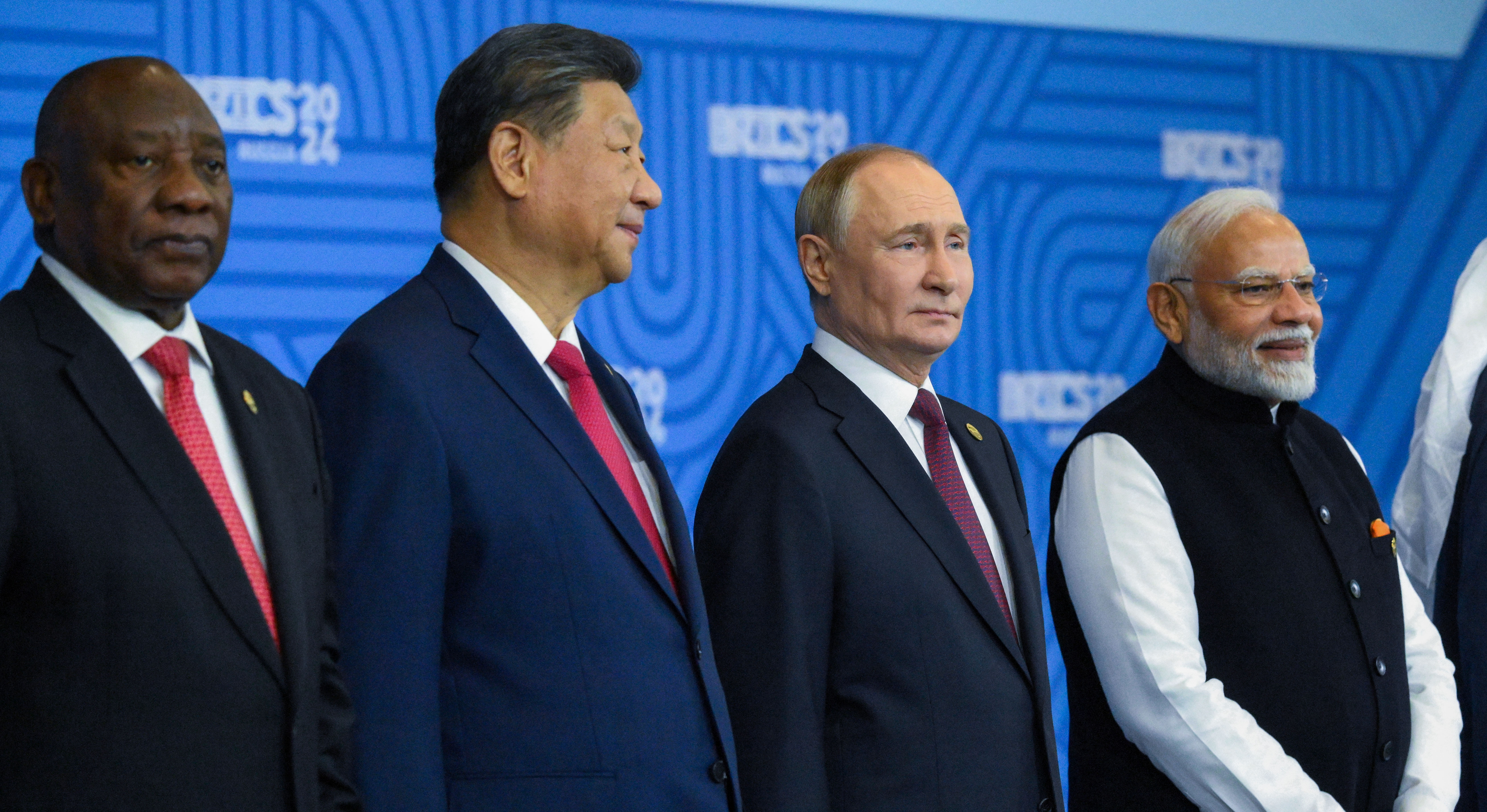 Prime Minister Narendra Modi, Russian President Vladimir Putin, Chinese President Xi Jinping and South Africa President Cyril Ramaphosa pose for the BRICS family photo, at Kazan Expo Center, BRICS Summit venue, in Kazan