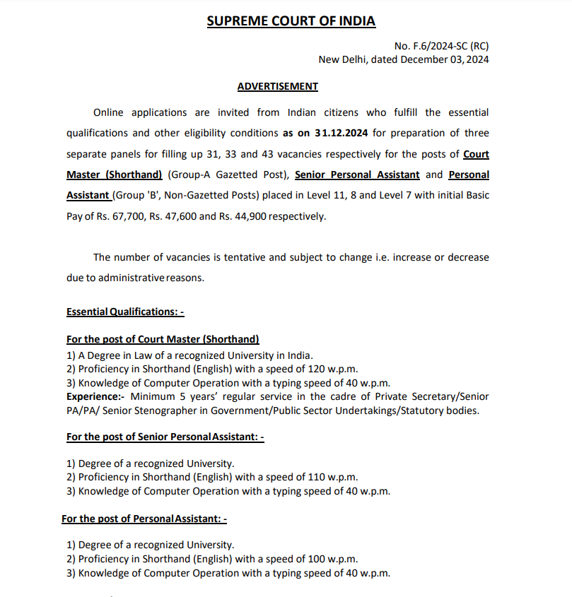 Supreme Court of India Recruitment 107 various post