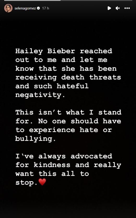 Hailey Bieber thanks Selena Gomez for defending her