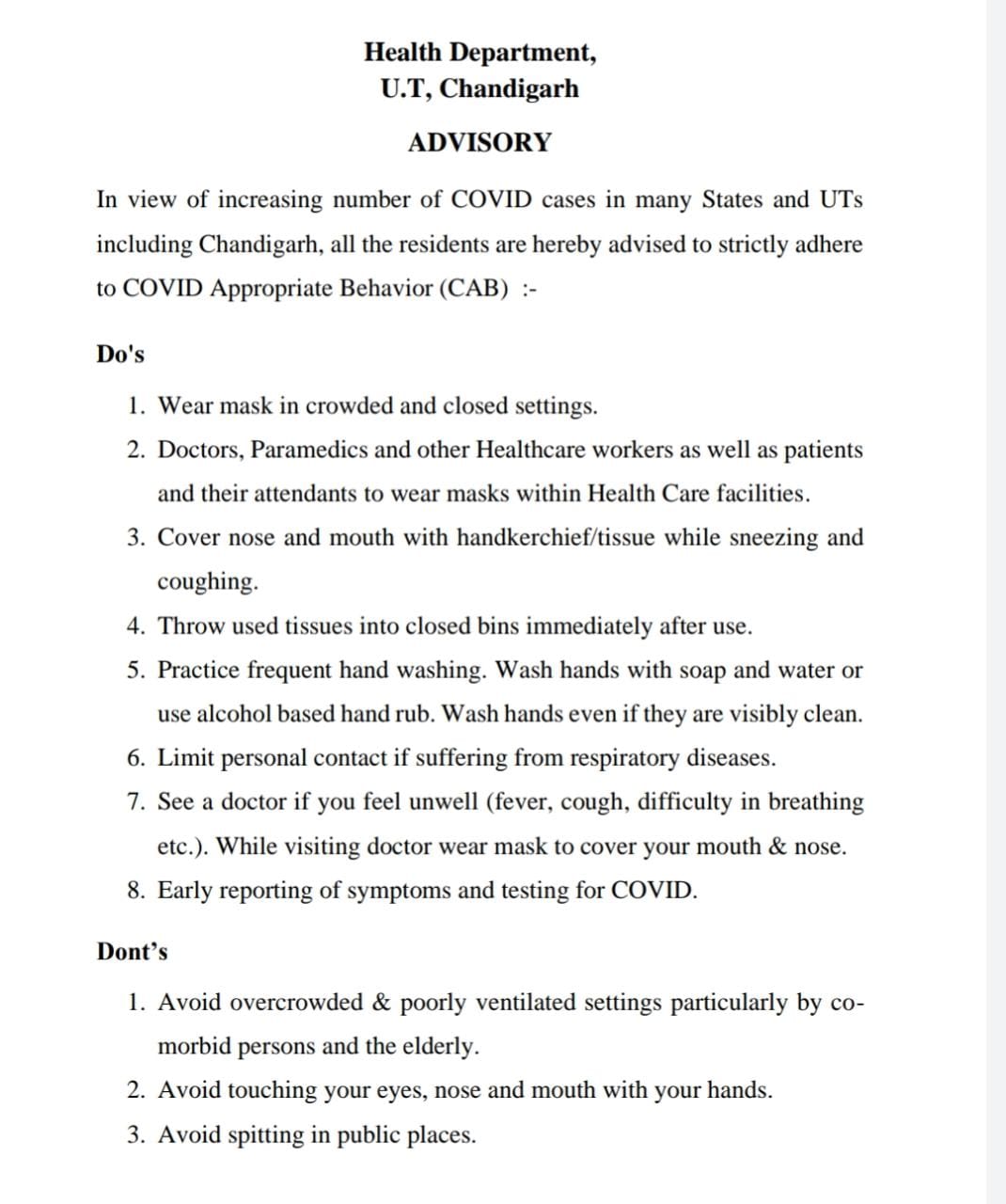 Health Department Chandigarh issued advisory regarding Corona