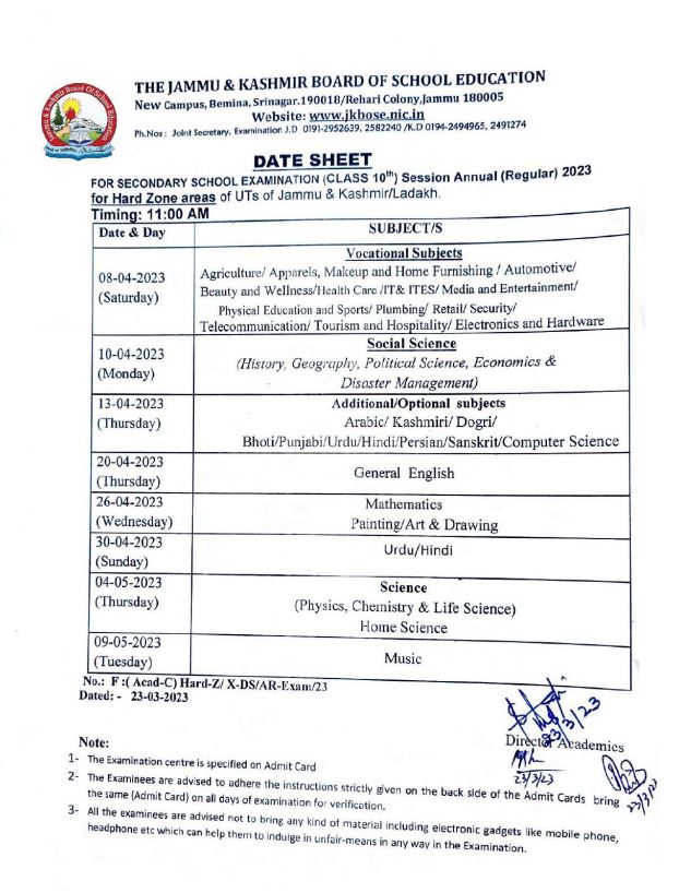 JKBOSE releases date sheets for class 10, 11, 12 for hard zone areas