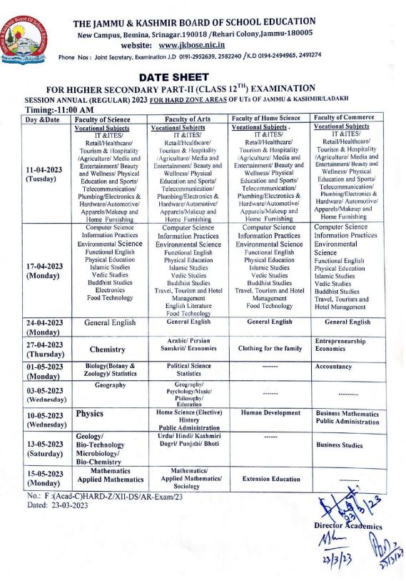 JKBOSE releases date sheets for class 10, 11, 12 for hard zone areas