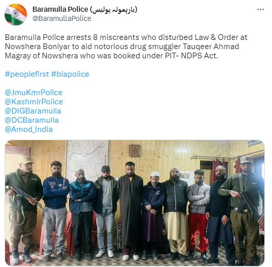 Eight miscreants arrested to aid drug smuggler in uri baramulla, Police