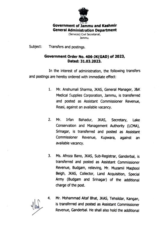 JK Govt Orders Transfer Of  four JKAS Officers