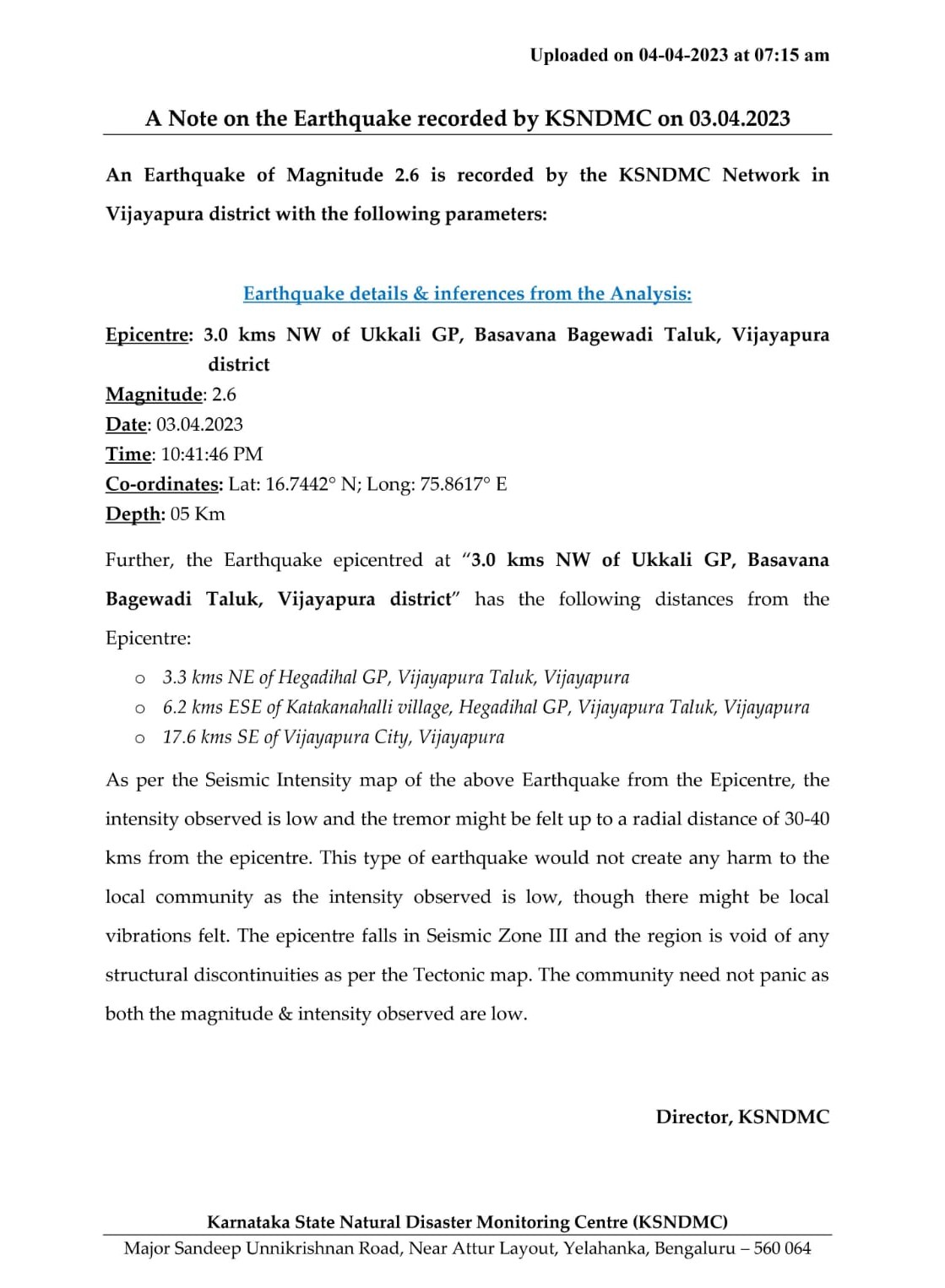 Vijayapur Earthquake