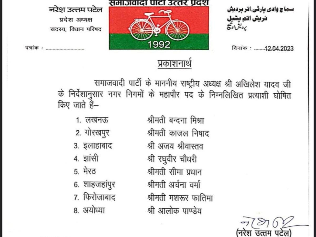 सपा ने लखनऊ में वंदना मिश्रा को मेयर प्रत्याशी बनाया, जानिए किसको कहां से मिला टिकट.