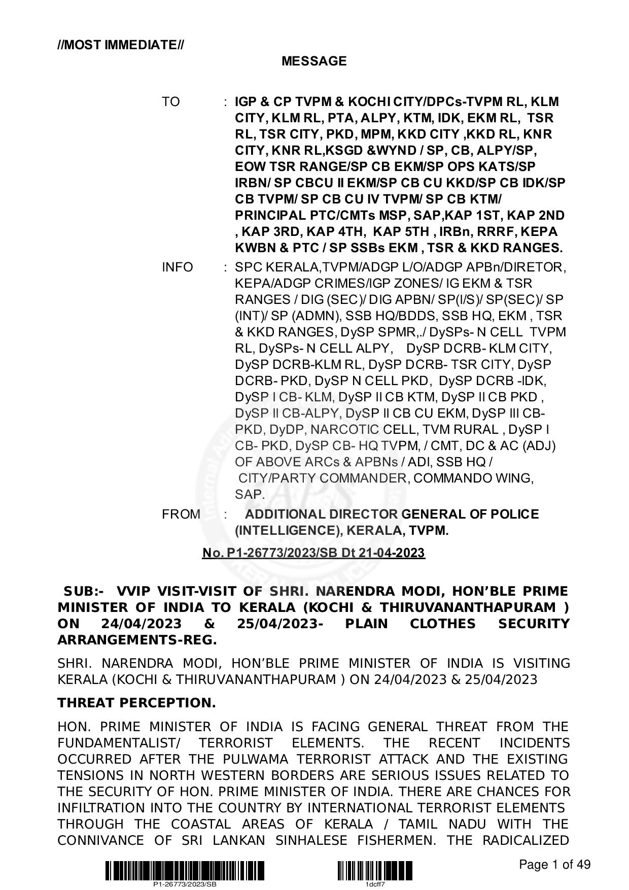 PM Modi security issues in Kerala  security scheme for PM by intelligence was leaked  PM Modi security issues  security scheme for PM by intelligence  ഇന്‍റലിജന്‍റ്സ് തയാറാക്കിയ സുരക്ഷ സ്‌കീം  സുരക്ഷ വീഴ്‌ച  പ്രധാനമന്ത്രി നരേന്ദ്ര മോദി  പ്രധാനമന്ത്രിയുടെ സുരക്ഷ