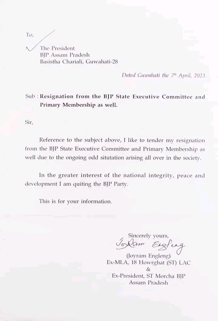 Joyram Engleng resigned from BJP