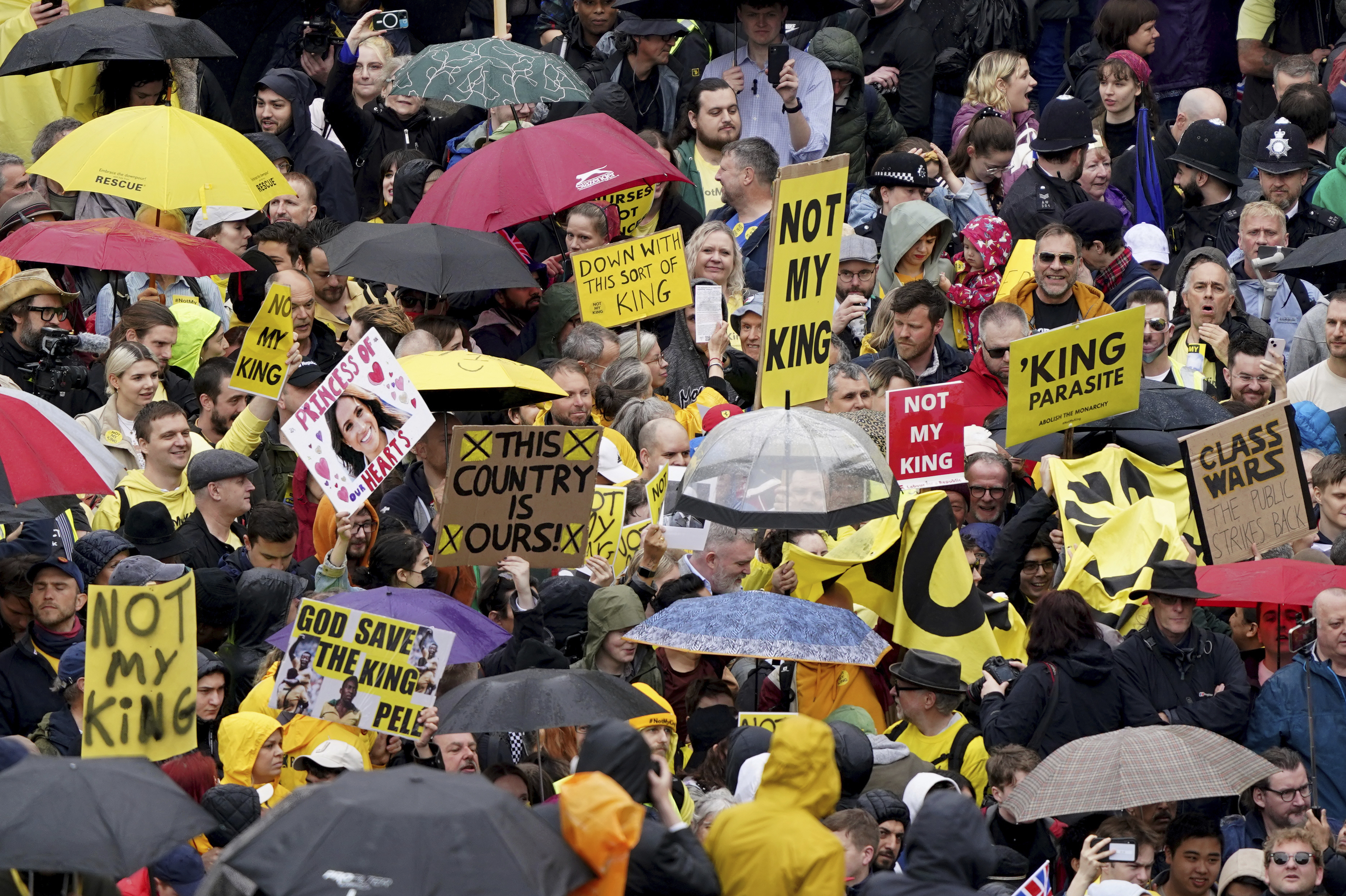 Protesters near Trafalgar Square ahead of the coronation ceremony of King Charles III at Westminster Abbey