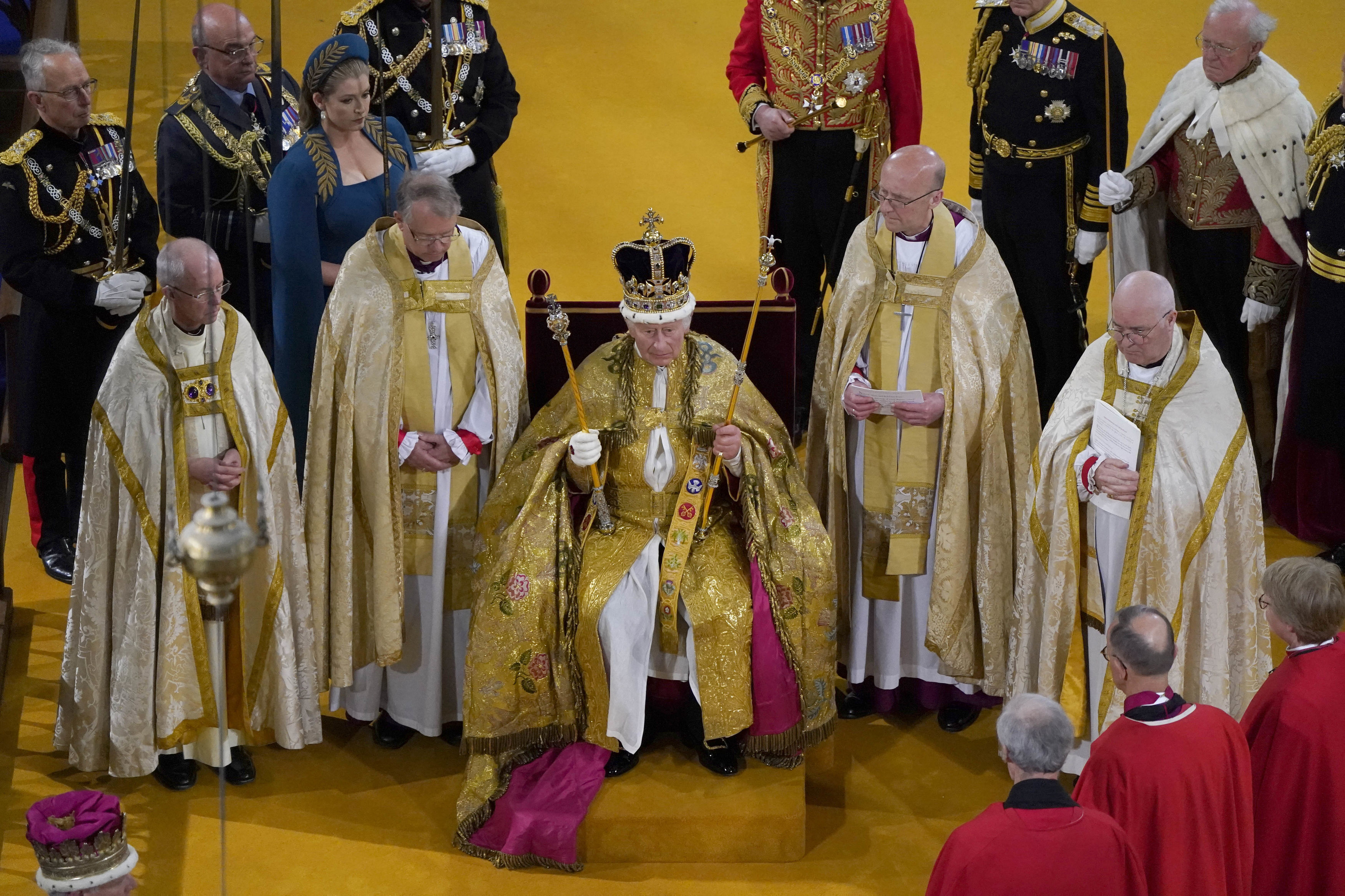 King Charles III receives The St Edward's Crown during his coronation ceremony