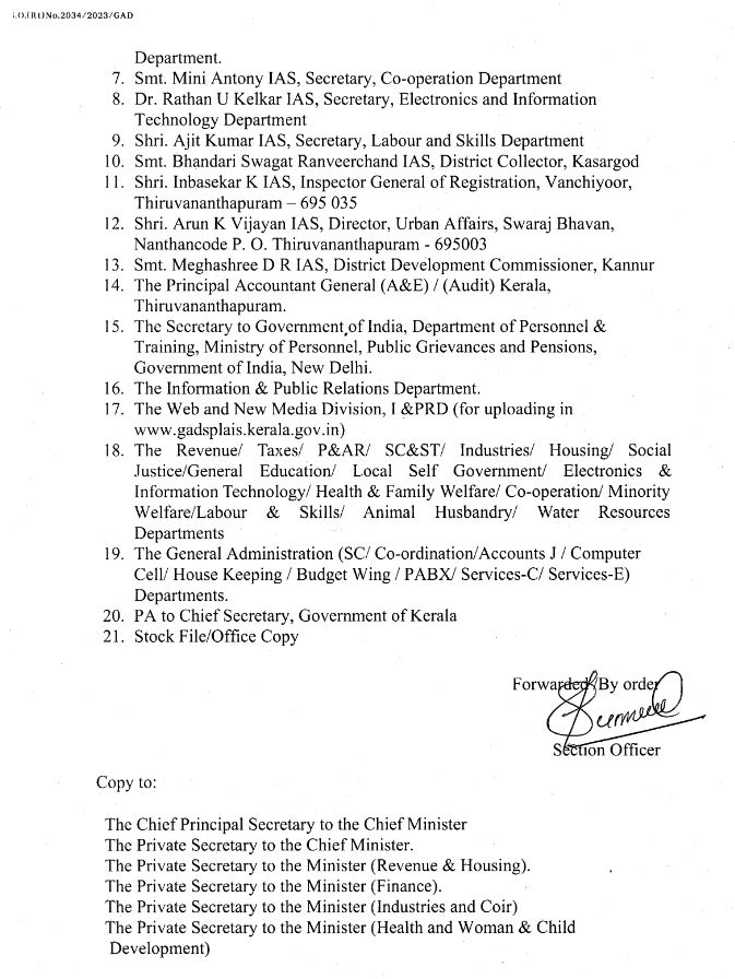 IAS officers replacement  ഐഎഎസ് തലത്തില്‍ അഴിച്ചു പണി  വ്യവസായ സെക്രട്ടറി മുഹമ്മദ് ഹനീഷ്  ഐഎഎസ്  വ്യവസായ പ്രിൻസിപ്പൽ സെക്രട്ടറി മുഹമ്മദ് ഹനീഷ്  kerala IAS officers  സംസ്ഥാനത്ത് ഐഎഎസ് തലപ്പത്ത് മാറ്റങ്ങൾ  Industry Secretary Muhammad Hanish  ias officers  ആരോഗ്യ കുടുംബ ക്ഷേമ വകുപ്പ്