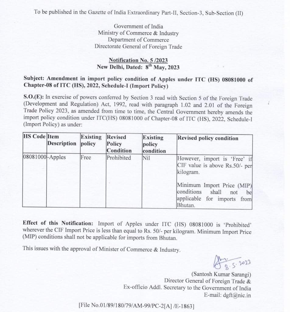 Central government bans import of apples